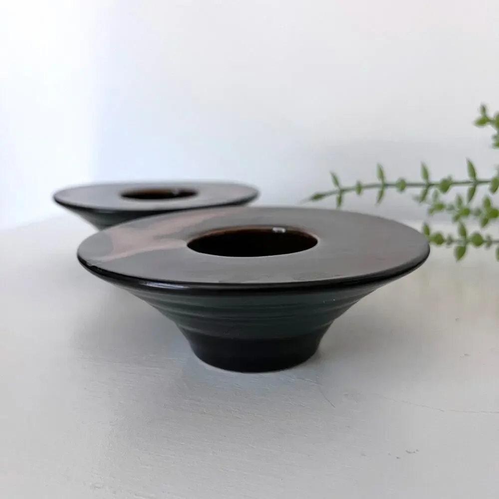 (2) Pier 1 Votive Candle Holder Handpainted Organic Abstract Asian Brown Leaves